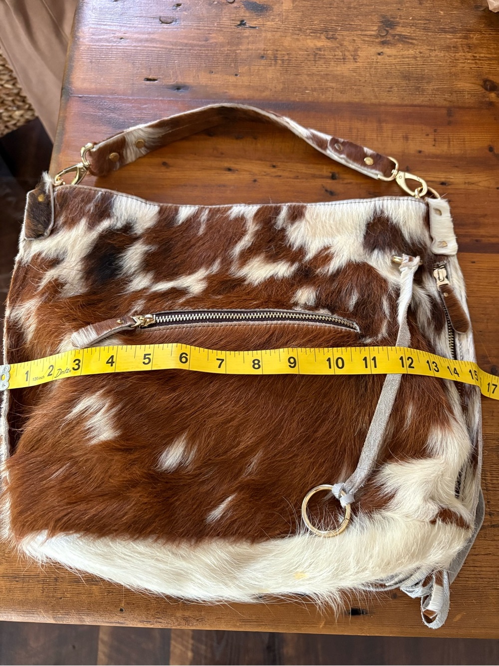 Charlie Leather Genuine Hair-on-Hide Cowhide Fringe Shoulder Bag Brown White - Picture 11 of 14